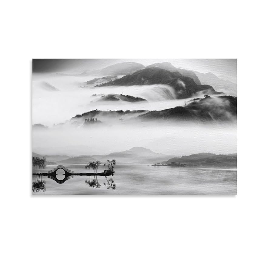 水墨画 山水画　中国美術　インテリア Amazon.co.jp: 山水画 水墨画 絵画 中国風 ポスター キャンバス